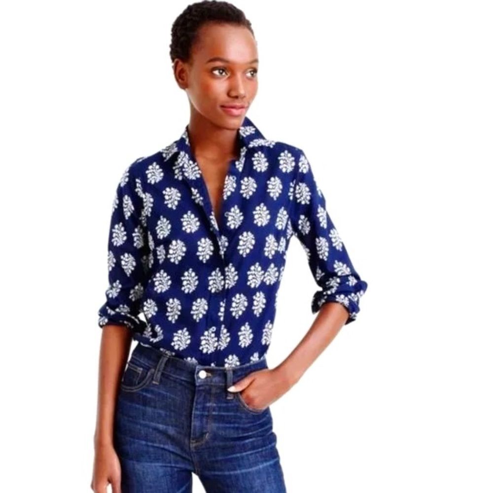 J. Crew Navy Fern Print Perfect Fit Button Down Shirt SIZE 00